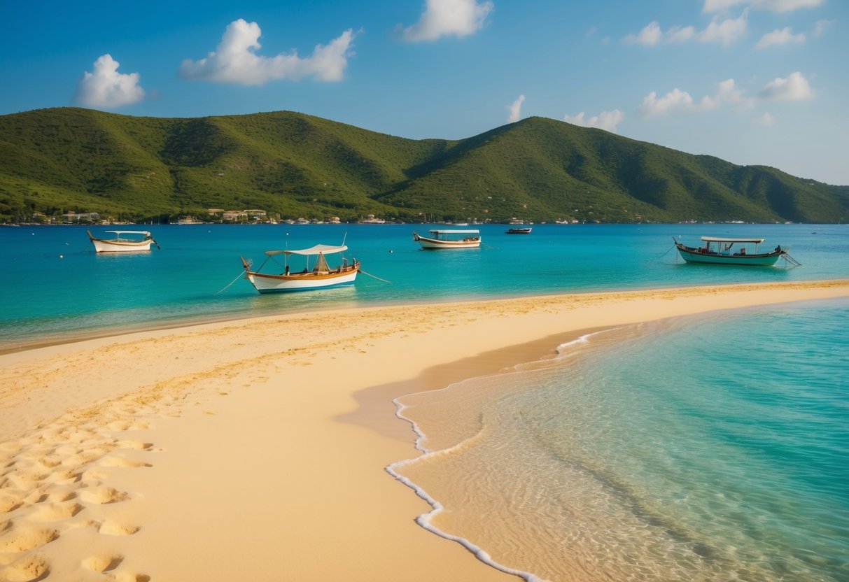 Golden sand, crystal clear water, surrounded by lush green hills. A few boats dot the horizon, adding to the serene beauty of Saranda Beach