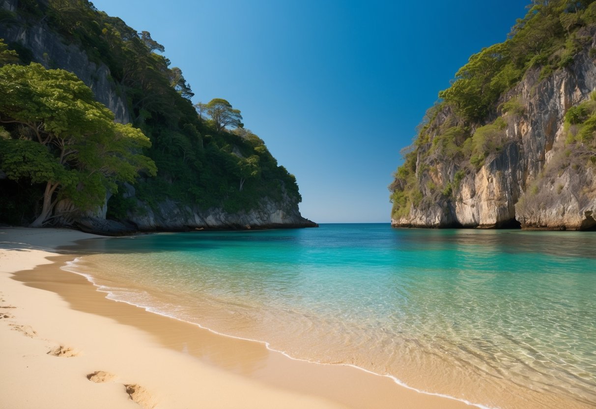 A serene beach with clear blue waters and golden sand, nestled between rocky cliffs and lush greenery