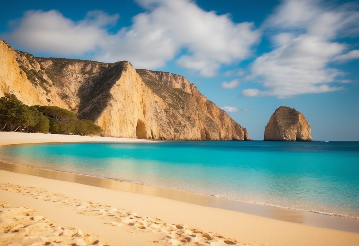 A serene beach scene with golden sand, clear turquoise water, and rugged cliffs in the background