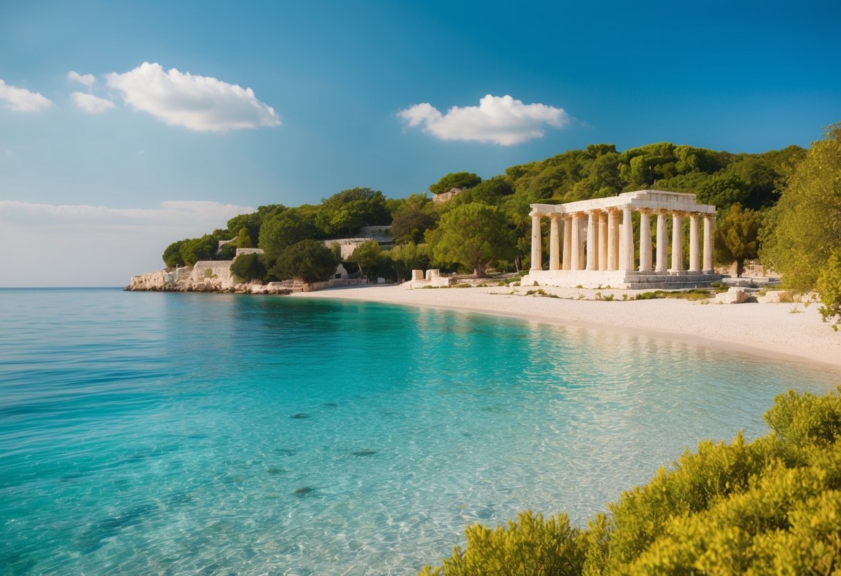 A serene beach in Albania with ancient ruins nearby, surrounded by crystal-clear waters and lush greenery