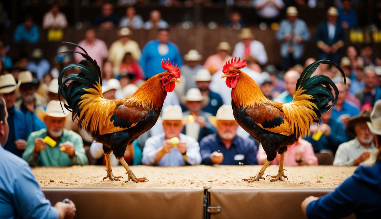 Dua ayam jantan berhadapan di arena yang ramai, dikelilingi oleh sekelompok penonton yang beragam yang sedang memasang taruhan