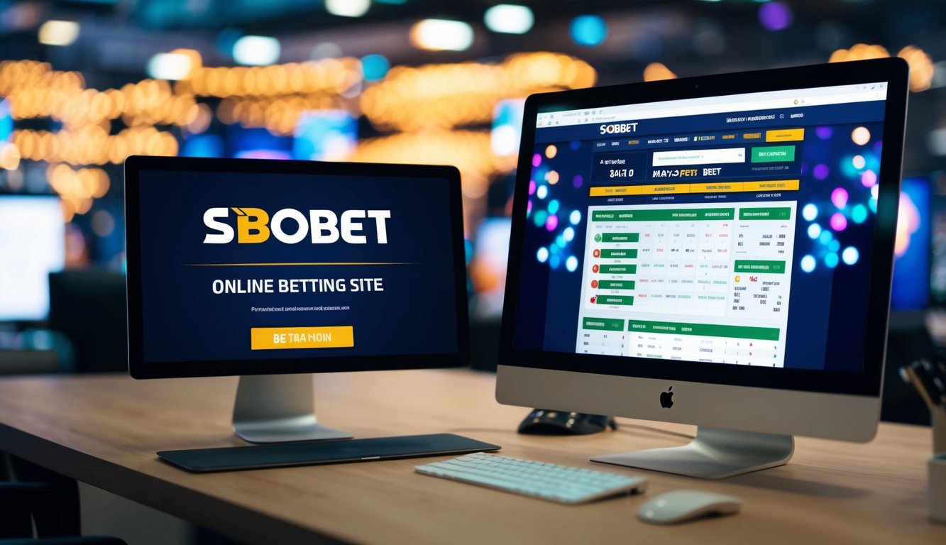 Sebuah layar komputer menampilkan situs taruhan online SBOBET dengan odds dinamis dan grafik berwarna-warni