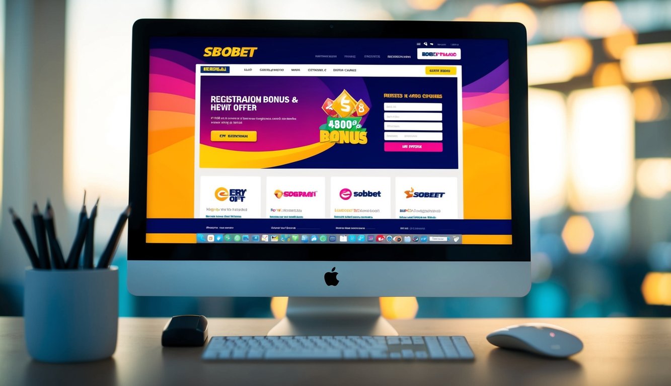 Sebuah layar komputer menampilkan situs web SBOBET dengan tawaran bonus pendaftaran yang cerah dan menarik perhatian