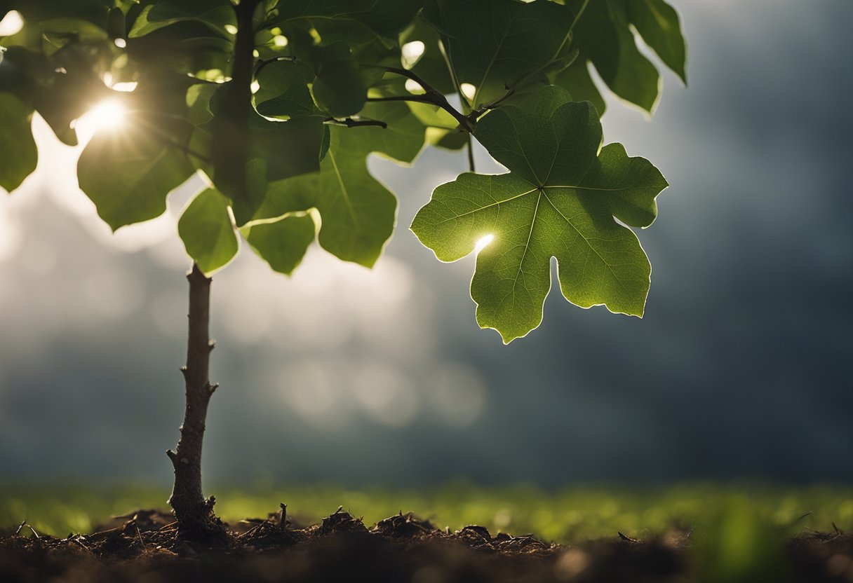 A small, fragile sapling stands tall amidst a storm, sheltered by a mighty oak tree. The sun breaks through the clouds, casting a warm glow over the scene