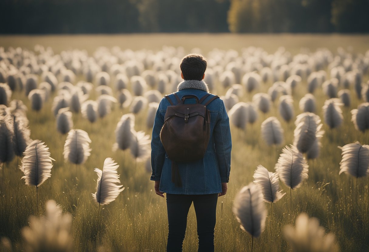 A person standing in a field, surrounded by a protective shield of feathers, with a comforting presence guiding them forward