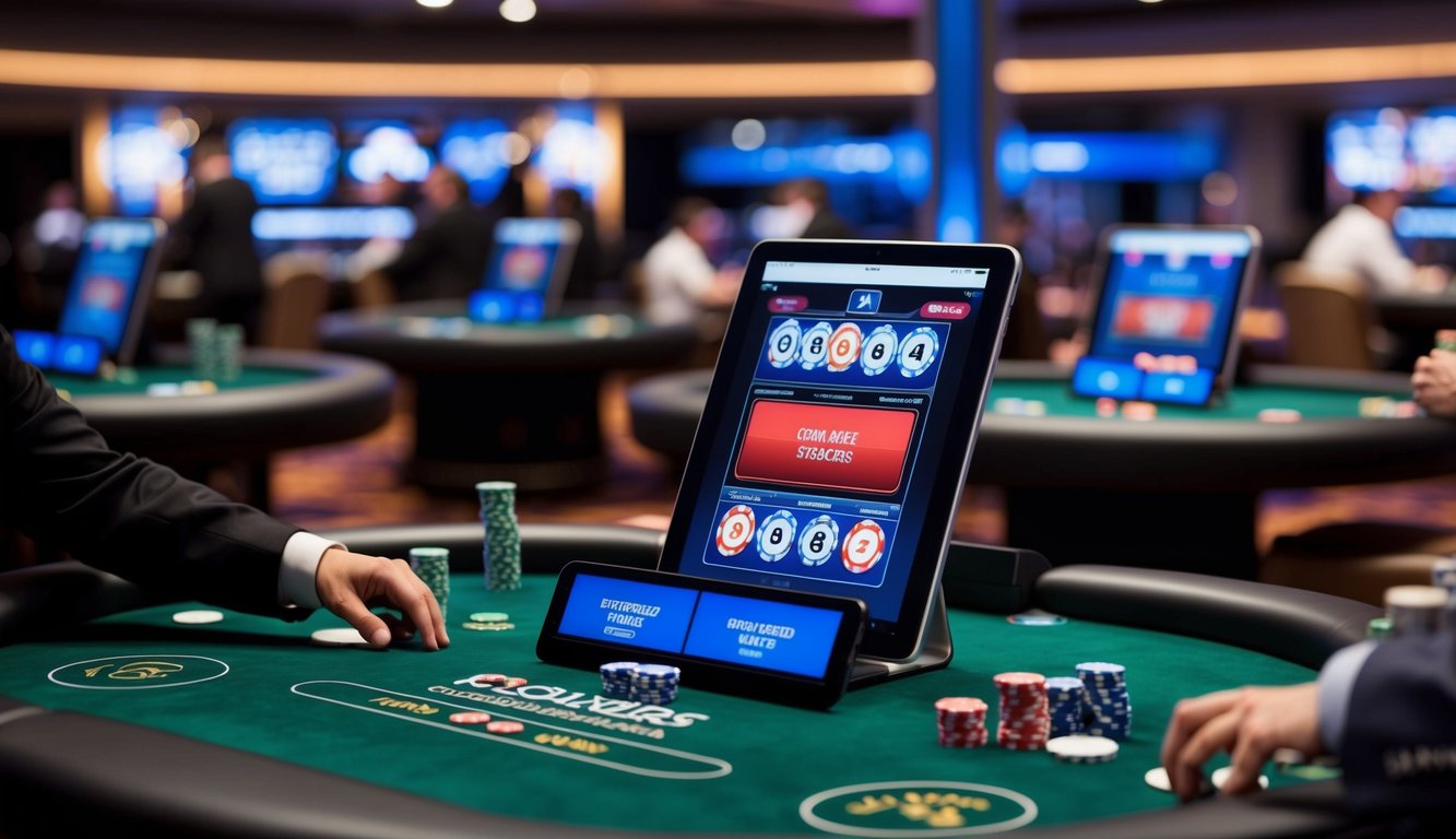 Beberapa meja poker dengan layar digital, kartu, dan chip. Pemain berinteraksi dengan antarmuka di perangkat mereka. Latar belakang menunjukkan suasana kasino virtual.