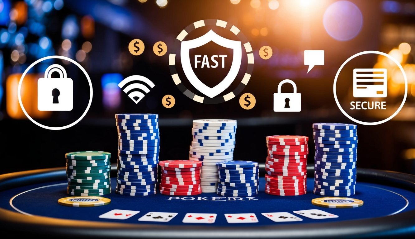 A digital poker table with chips and cards, surrounded by secure payment icons and a fast transaction symbol