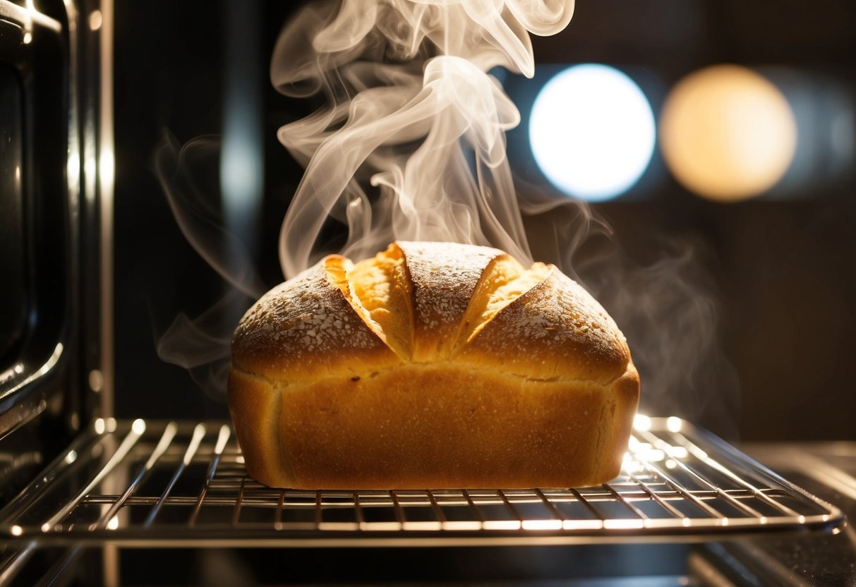 A golden loaf of bread emerges from a hot oven, steam rising as the perfect crust crackles and glistens in the light