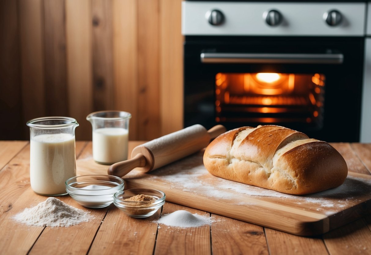 A wooden table with flour, water, yeast, and salt. A rolling pin and dough being kneaded. A hot oven with a golden, crispy loaf of bread