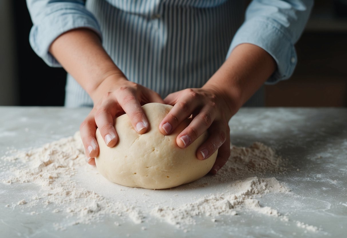 A pair of hands expertly kneading a ball of dough on a floured surface