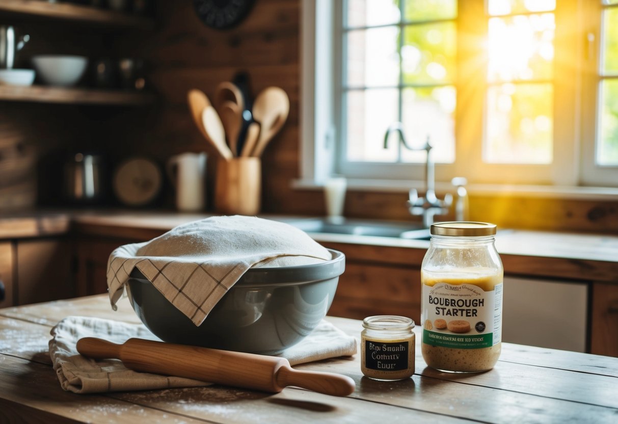 A rustic wooden kitchen counter with a bowl of dough covered with a cloth, a rolling pin, and a jar of sourdough starter. Sunlight streams through the window, casting a warm glow on the scene