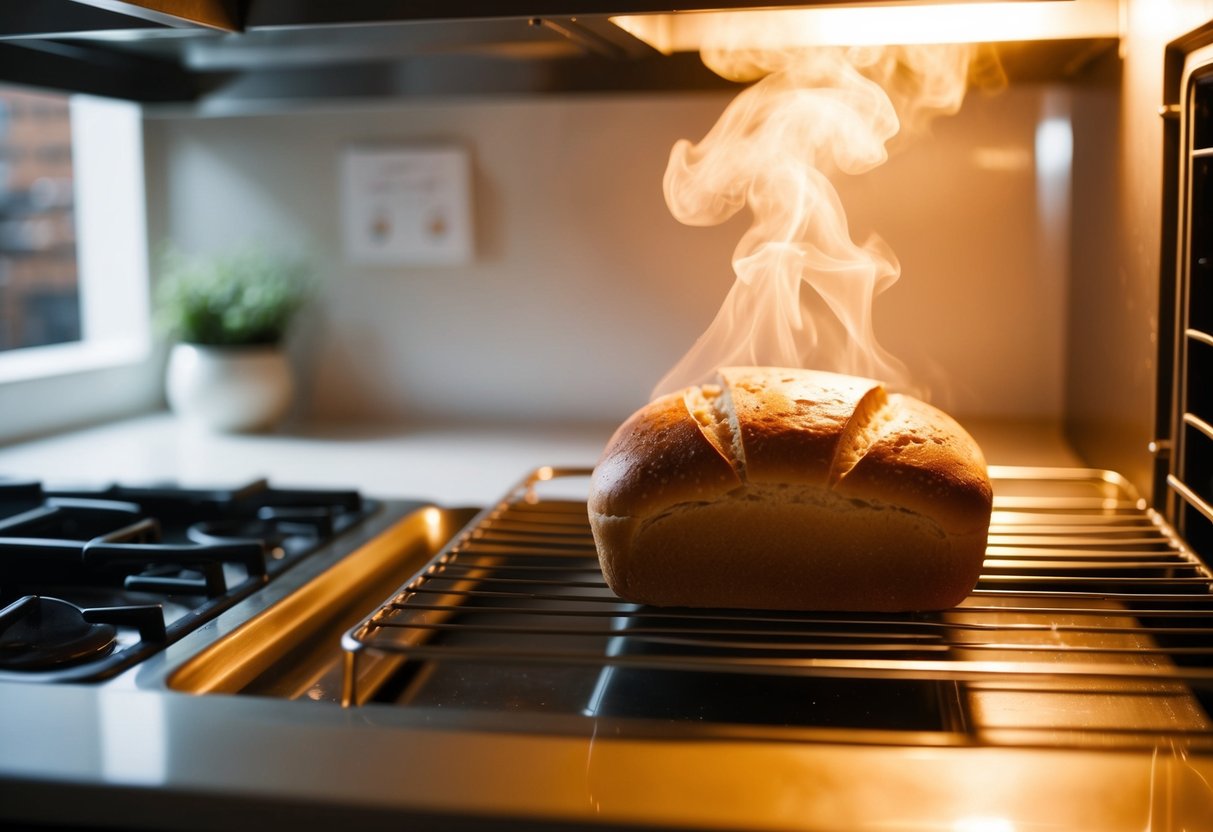 A loaf of bread sits in a hot oven, golden crust forming as steam escapes. The kitchen is warm and filled with the aroma of fresh bread