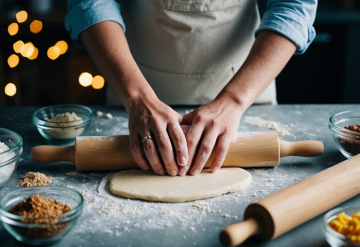 A pair of hands expertly kneading dough on a floured surface, with a rolling pin and various ingredients scattered around