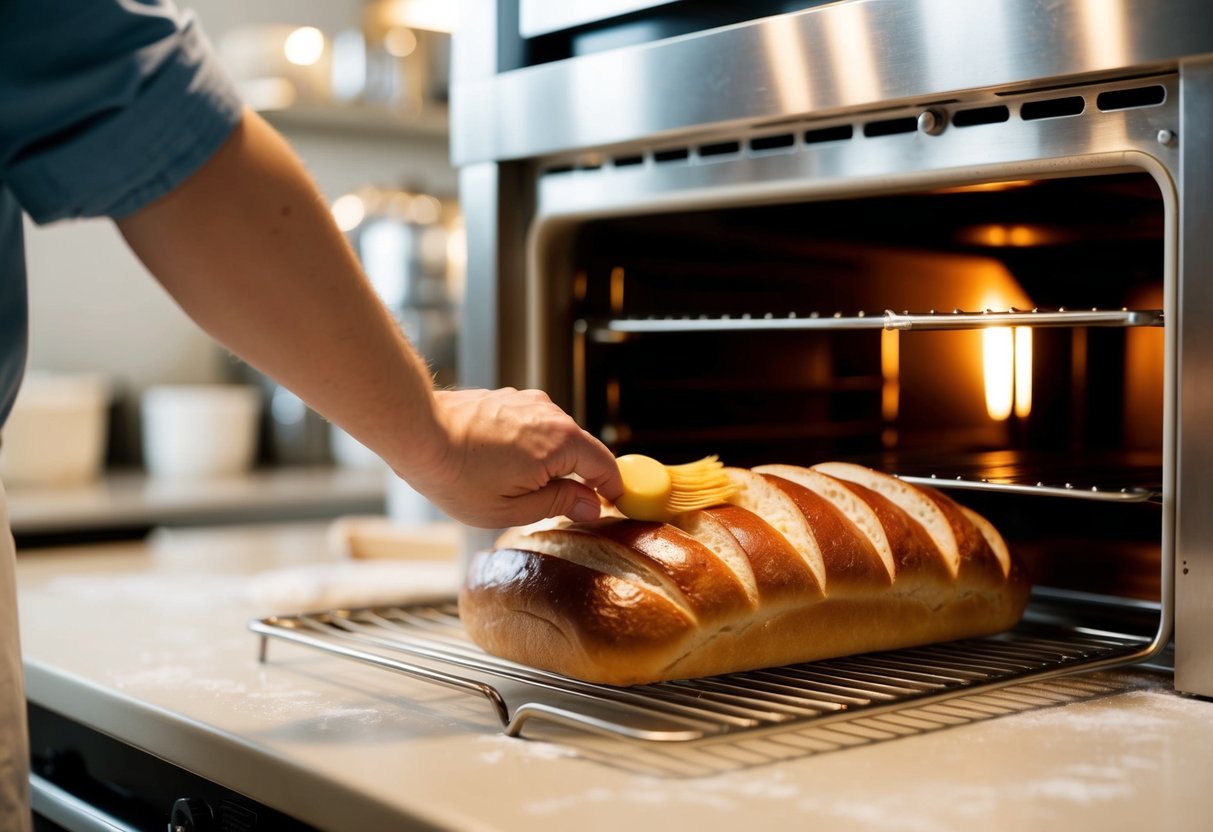 A baker gently brushing egg wash onto a loaf of bread, carefully scoring the dough before placing it into a hot oven