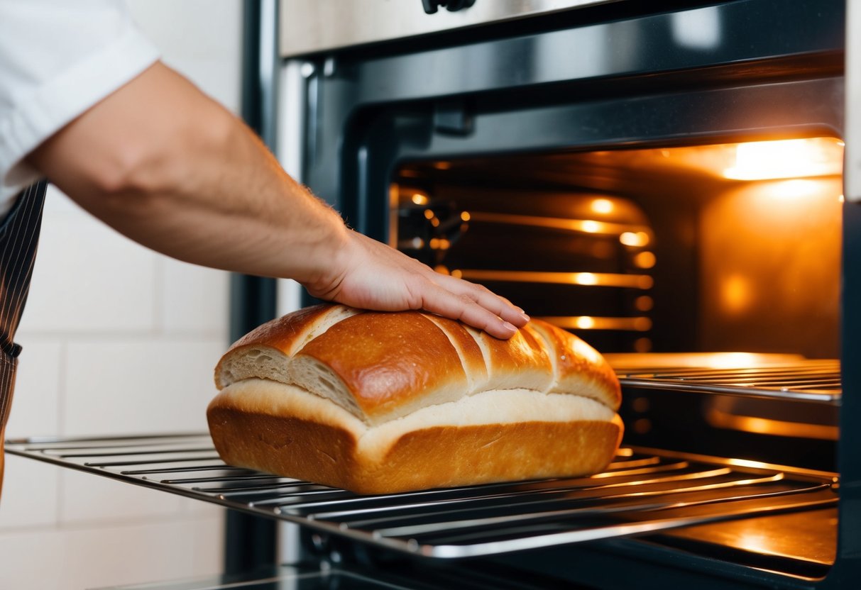 A baker carefully scoring a loaf of bread before placing it into a hot oven