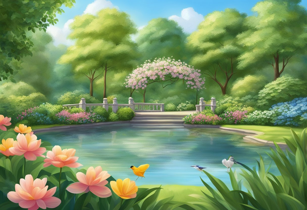 A serene garden with blooming flowers, a tranquil pond, and a clear blue sky, surrounded by lush green trees and filled with the gentle sound of birds chirping