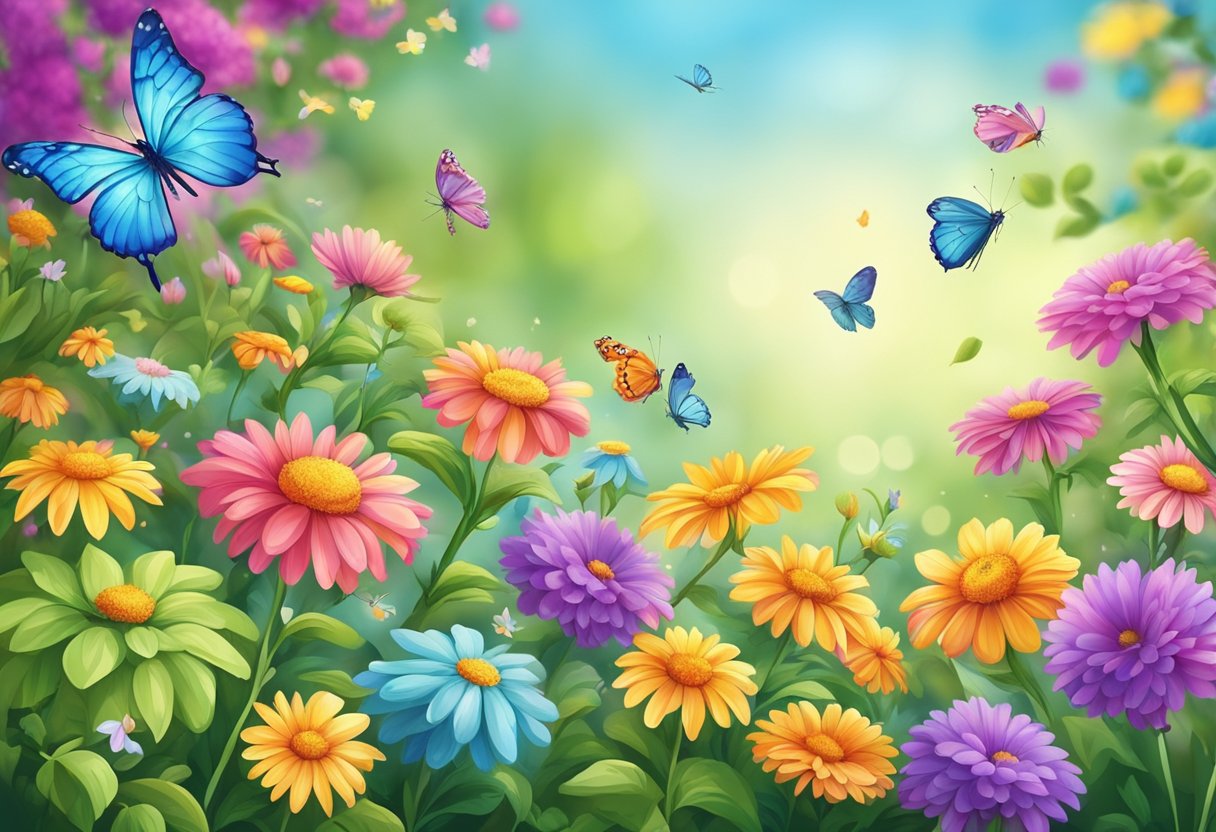 A vibrant garden with blooming flowers and butterflies fluttering around, radiating a sense of joy and contentment without relying on external attachments