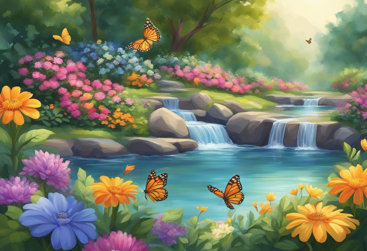 A serene, sunlit garden with vibrant flowers and butterflies, surrounded by flowing water and lush greenery