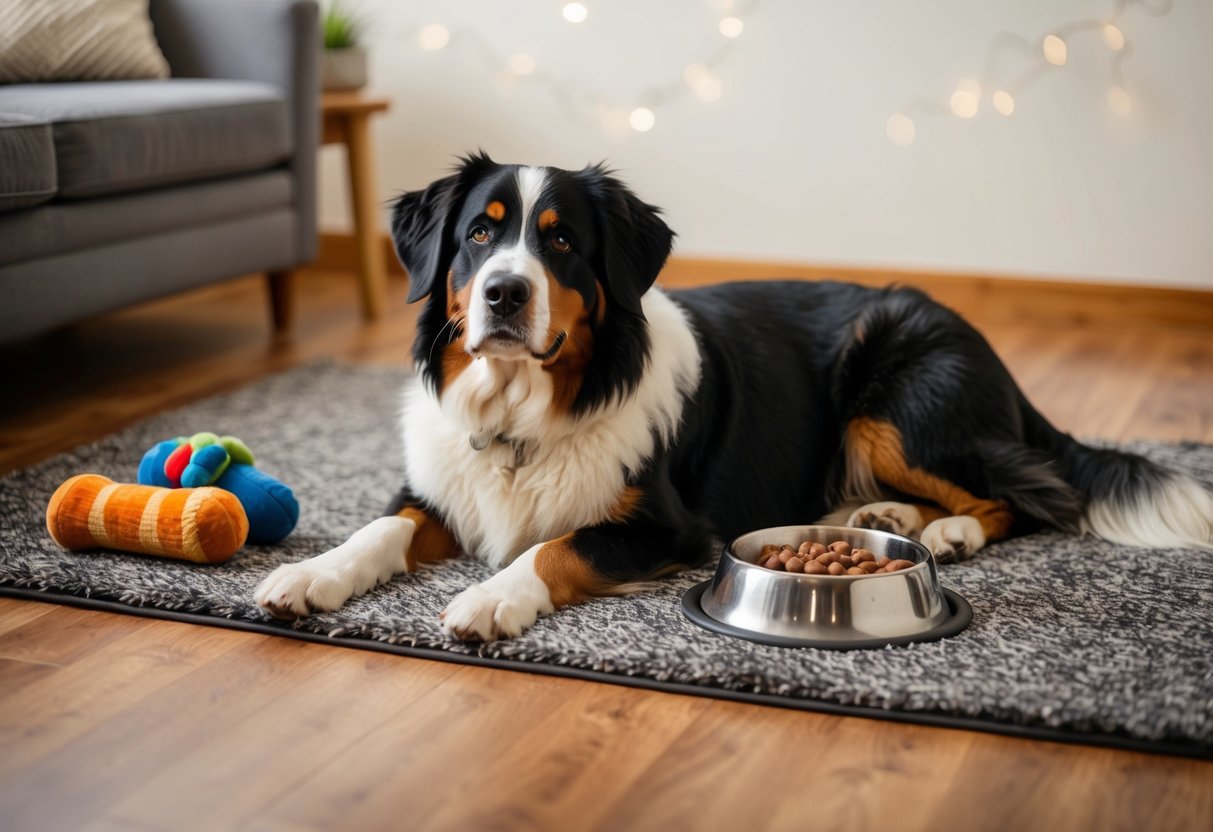 A Bernese mountain dog lounges on a cozy rug, surrounded by toys and a food bowl. The dog appears calm and content, with a relaxed posture and a peaceful expression