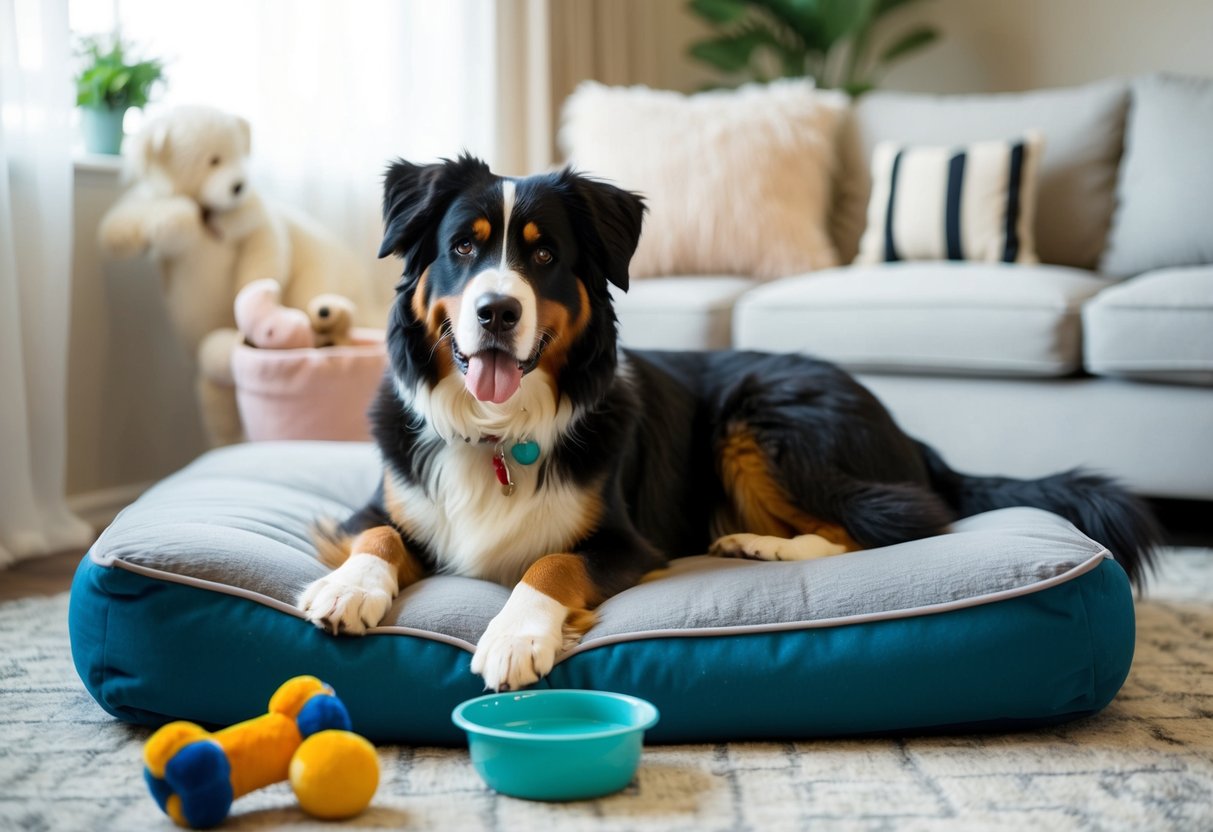 A Bernese mountain dog lounges on a plush bed, surrounded by toys and a bowl of water. Its relaxed demeanor suggests low energy