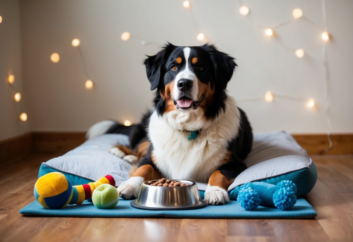 A Bernese mountain dog lounges on a soft bed, surrounded by toys and a full food bowl. The dog appears calm and content, with a relaxed demeanor