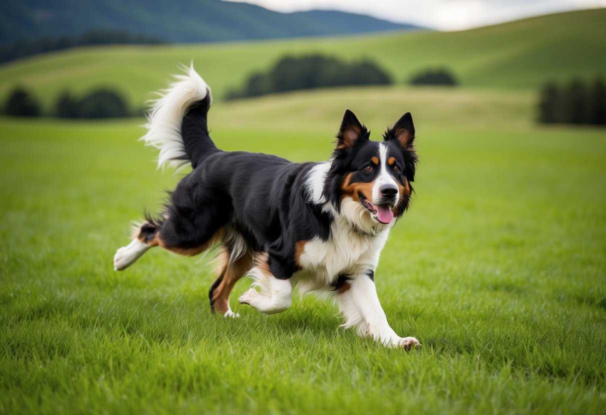 A Bernese mountain dog running through a lush green field with rolling hills in the background