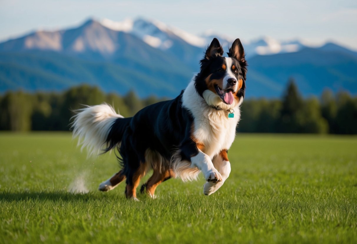 A Bernese Mountain Dog running and playing in a spacious, green field, with mountains in the background
