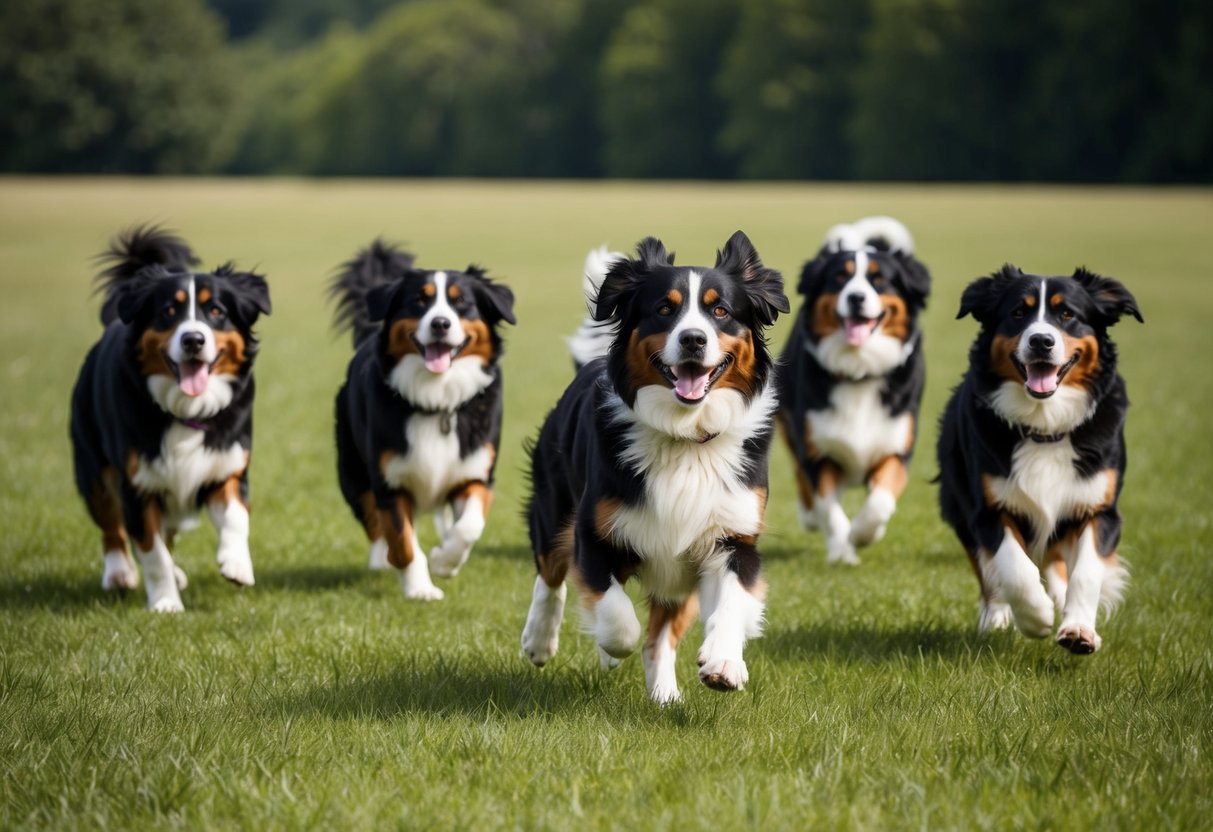 A group of Bernese mountain dogs happily playing and socializing in a large, grassy field, running and chasing each other with joyful expressions on their faces