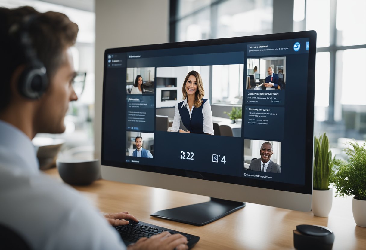 A real estate agent video calls a client, showing property details on a computer screen. They discuss challenges and solutions