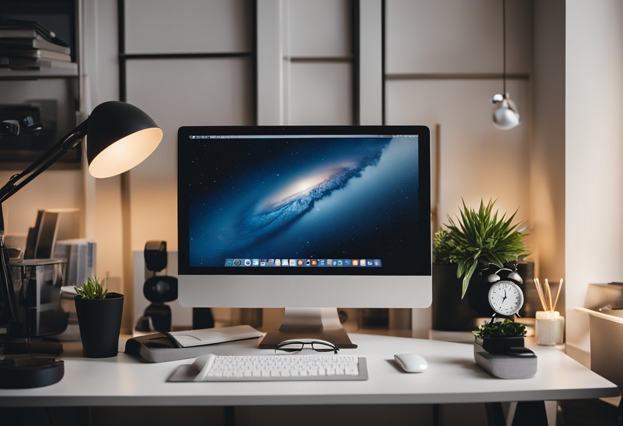 A home office setup with a computer, phone, and paperwork, surrounded by a cozy and organized workspace with natural light