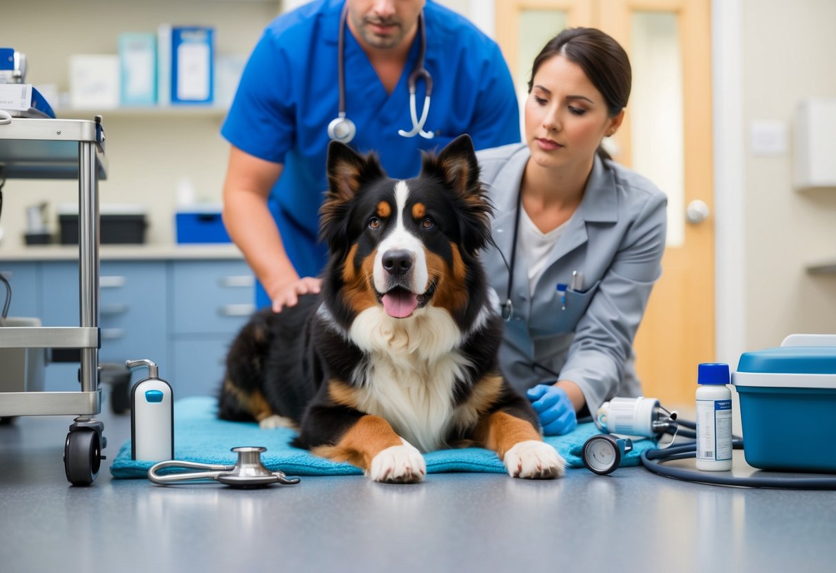 A Bernese mountain dog laying down, surrounded by veterinary equipment and a concerned owner