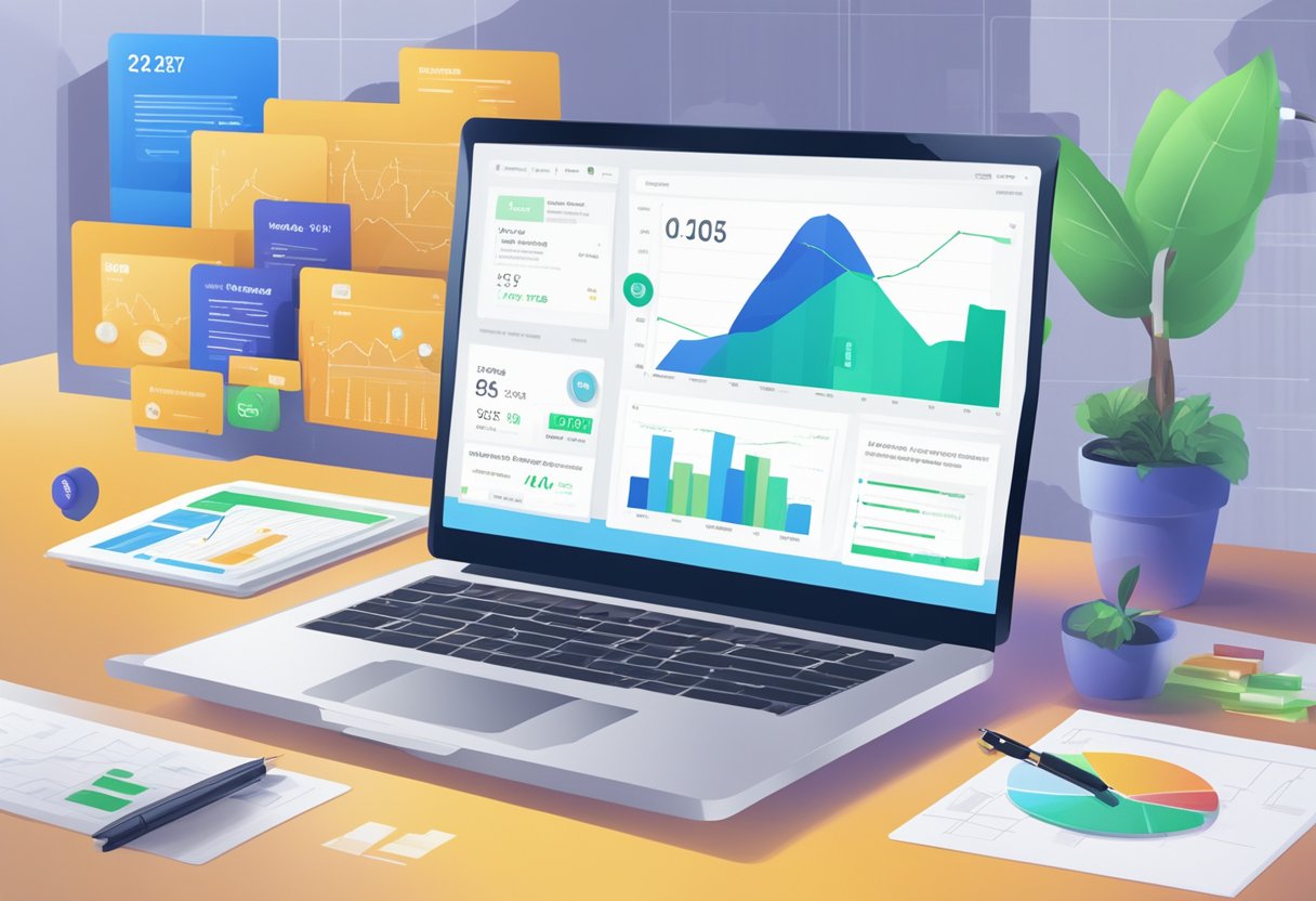 A laptop displaying the Binarium broker website with a "Premium Account" highlighted, surrounded by financial charts and graphs
