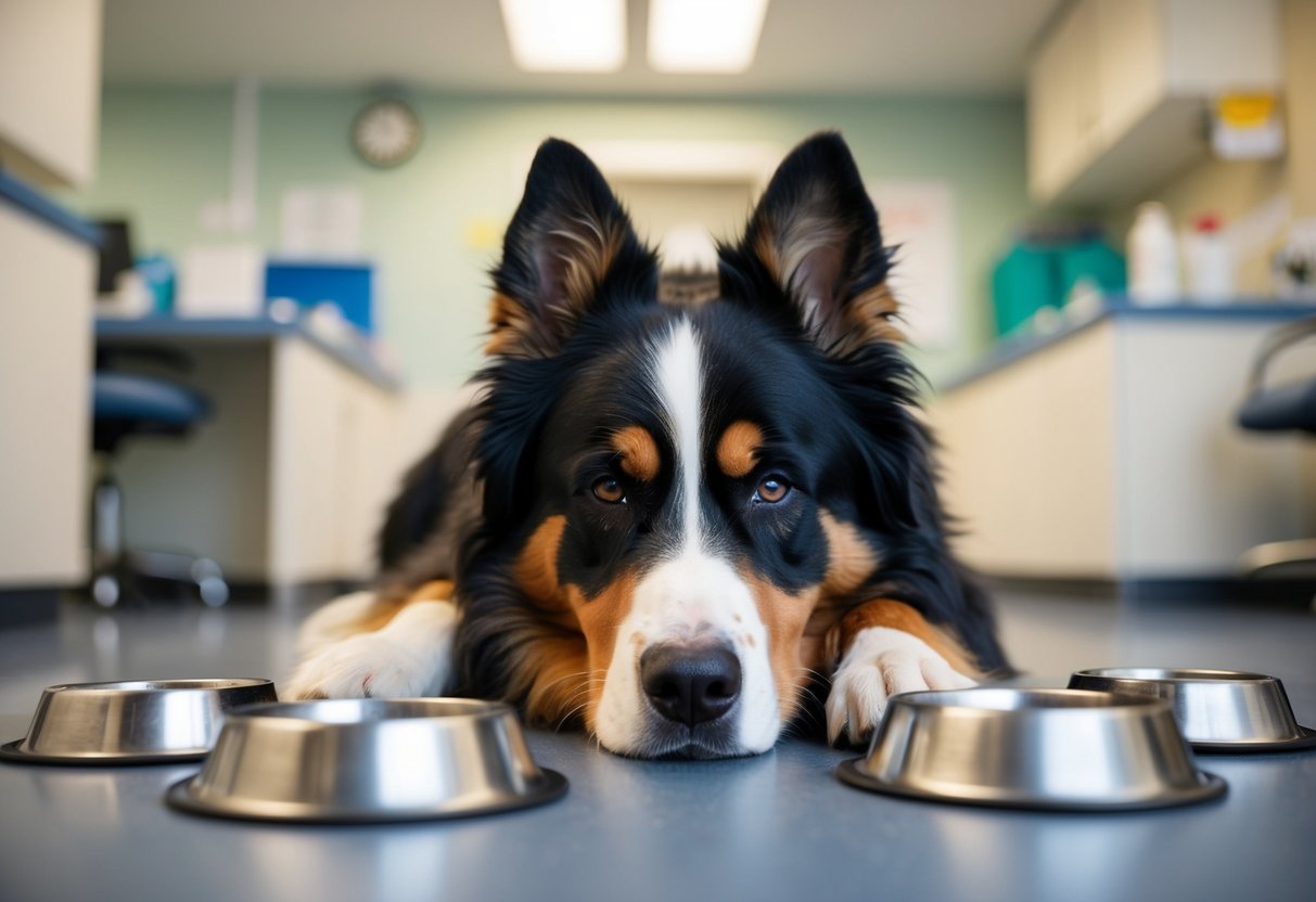 A Bernese mountain dog lying down, with a sad expression, surrounded by empty food bowls and a vet's office in the background