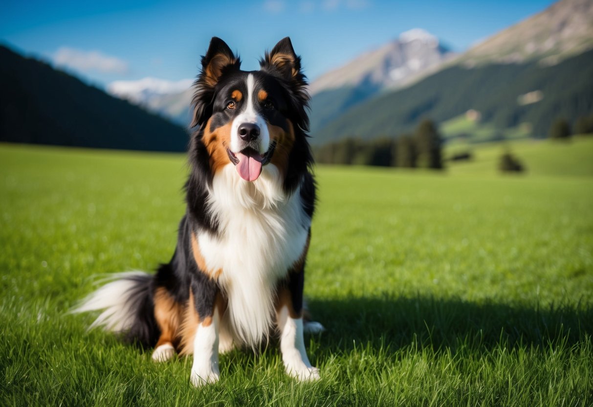 A Bernese mountain dog sitting in a lush green field, with a serene mountain backdrop and a clear blue sky above