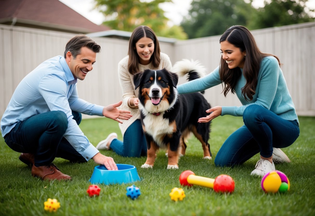 A family playing with a happy Bernese Mountain Dog in a spacious backyard, surrounded by toys and a water bowl