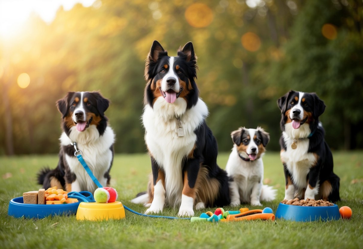 A Bernese mountain dog surrounded by various training and socialization tools and activities, such as a leash, treats, toys, and other dogs for interaction