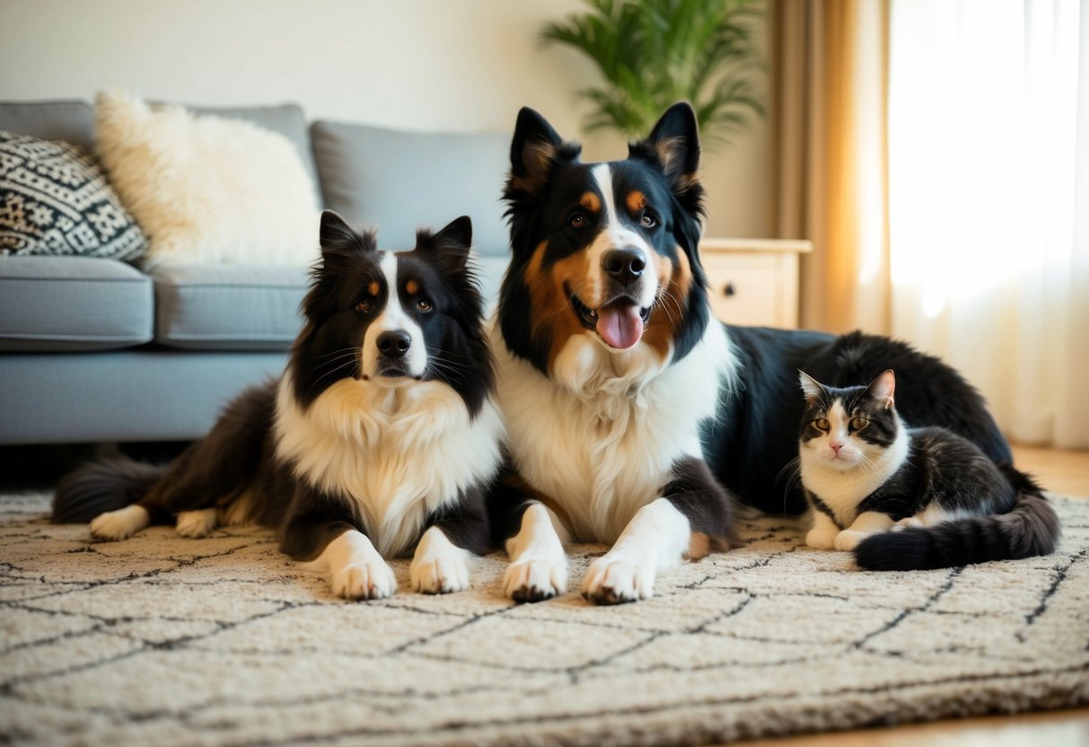 A Bernese Mountain Dog and a cat peacefully sharing a sunlit room, lounging together on a cozy rug