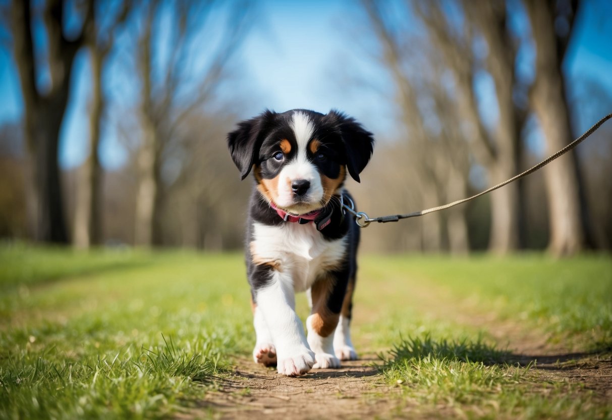 A Bernese puppy walking on a grassy path with a leash attached to its collar, surrounded by trees and a clear blue sky