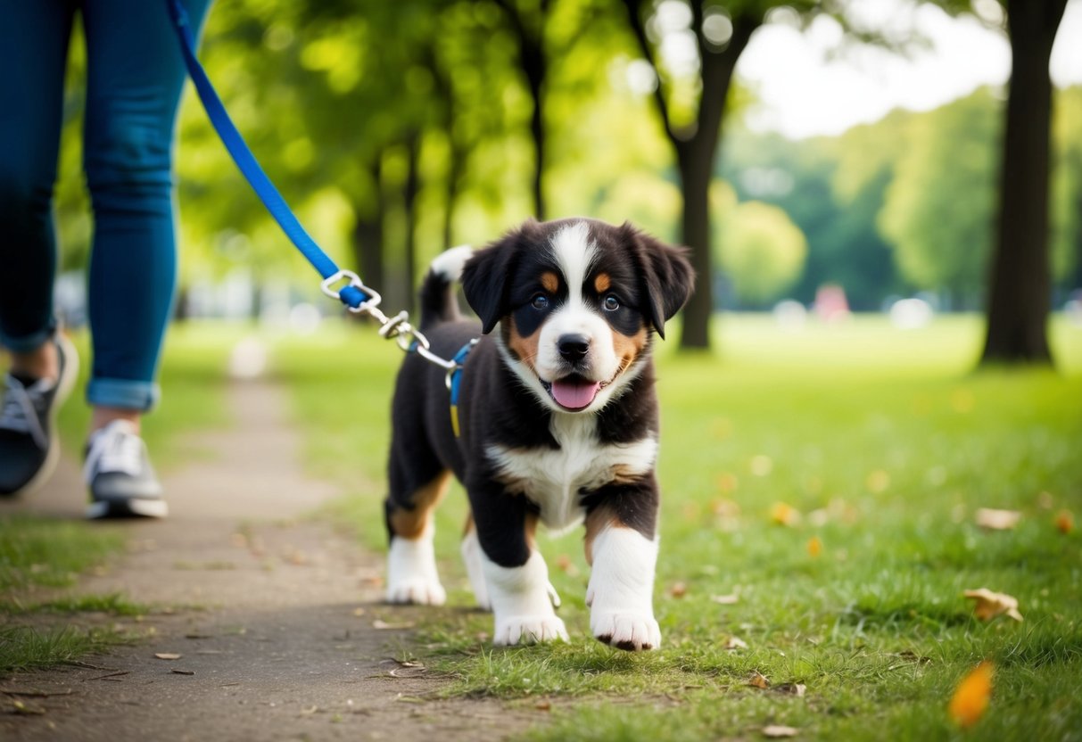 A Bernese puppy walking on a leash in a park with its owner, surrounded by trees and grass