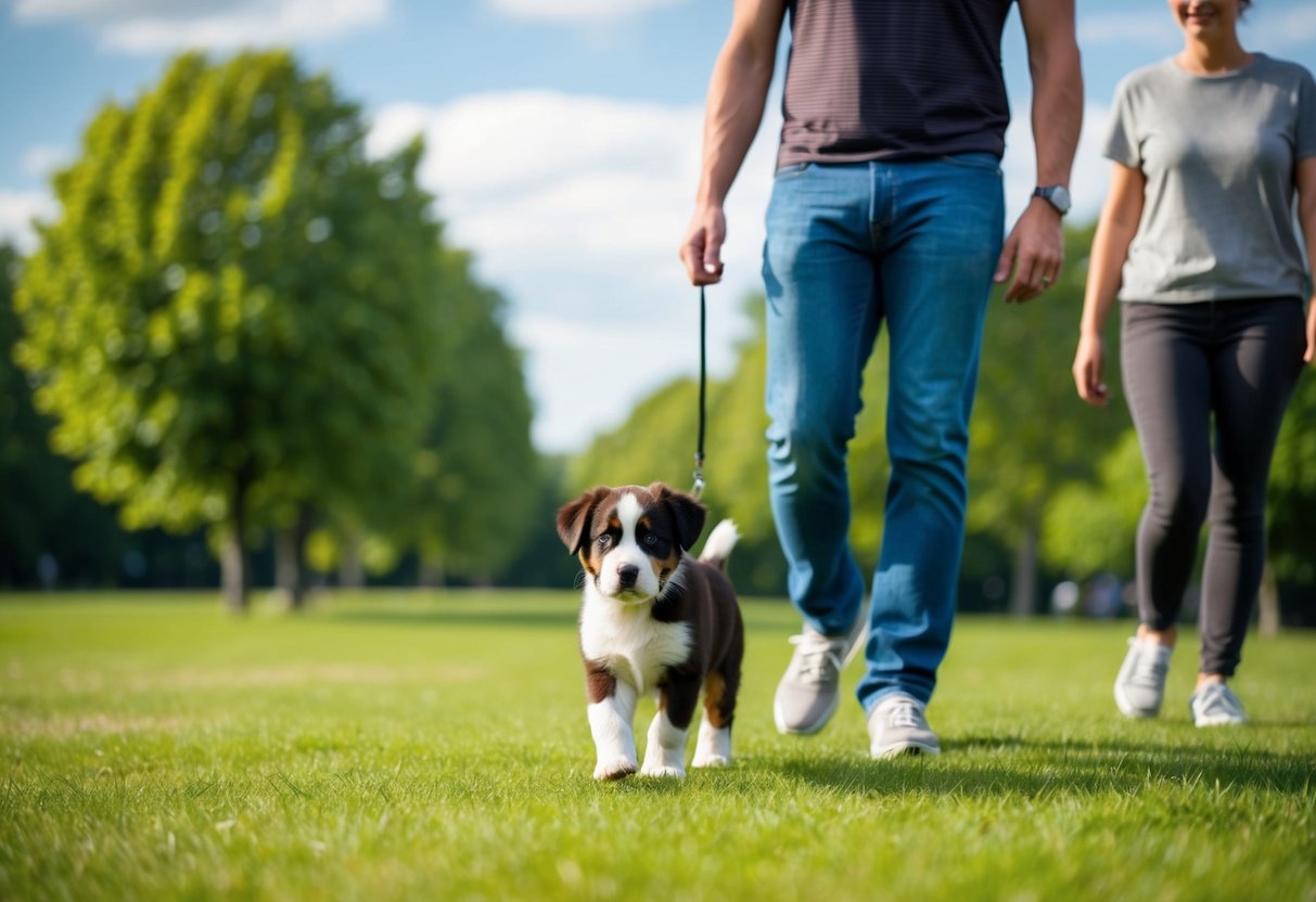 A Bernese puppy walks alongside its owner in a serene, green park with a clear blue sky overhead