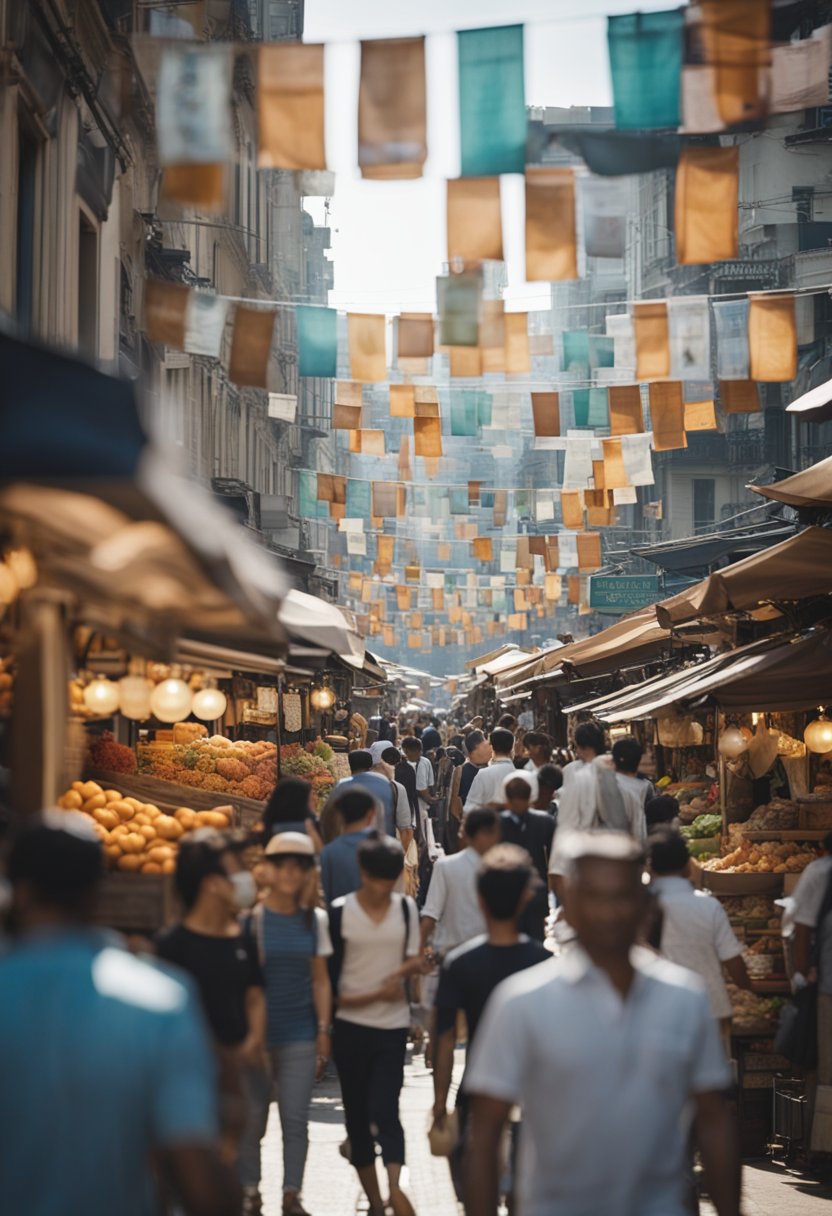 A bustling city street with food stalls selling keto-friendly snacks. Buildings line the road, and people walk by, enjoying the sights and flavors