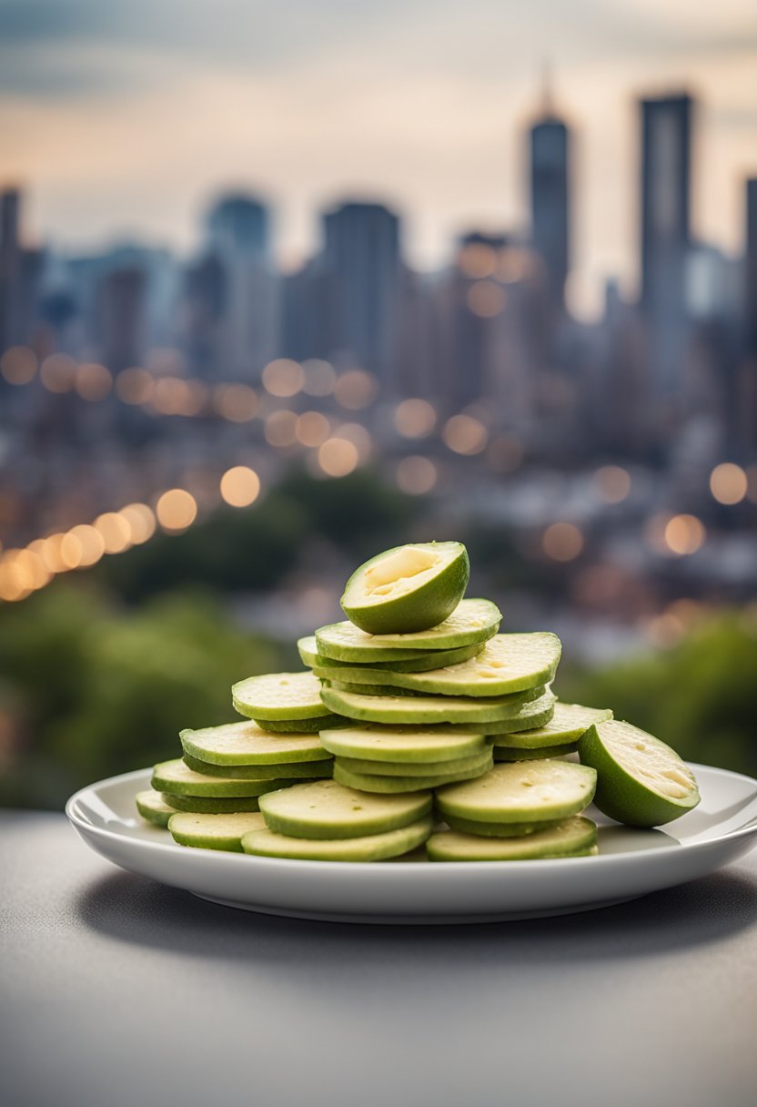 A plate of avocado cheese chips displayed against a backdrop of a city skyline, with various landmarks visible in the distance