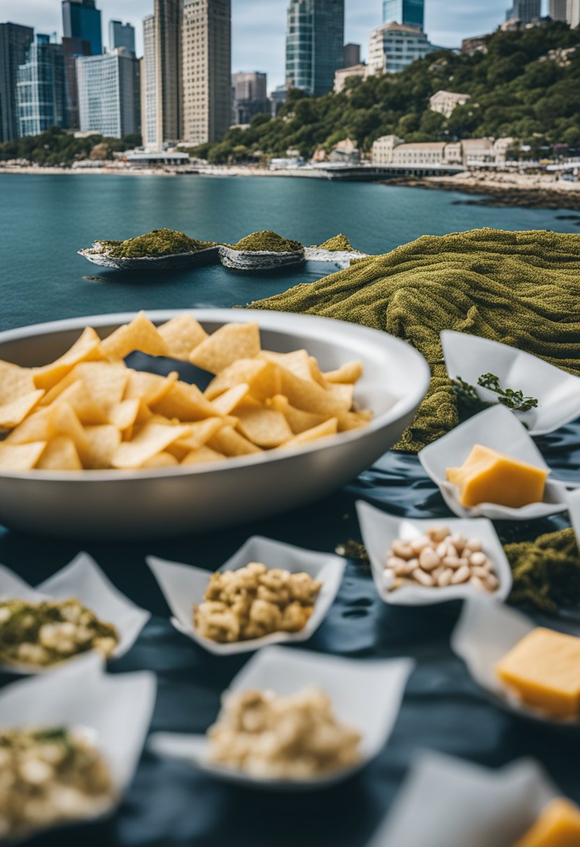 A city skyline with keto snack sheets scattered in the foreground, surrounded by seaweed and other ocean elements