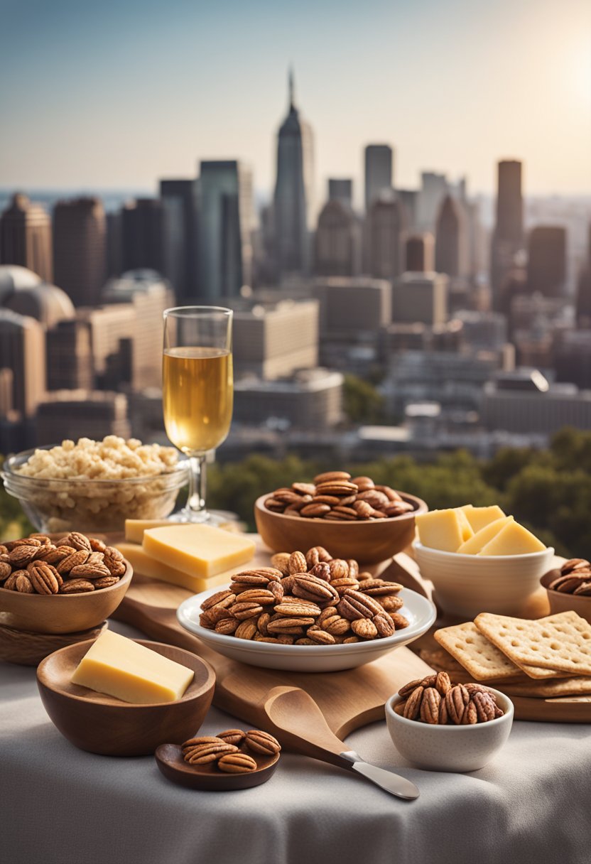 A picnic spread with pecans, gouda, and keto crackers in front of a city skyline with notable landmarks in the background