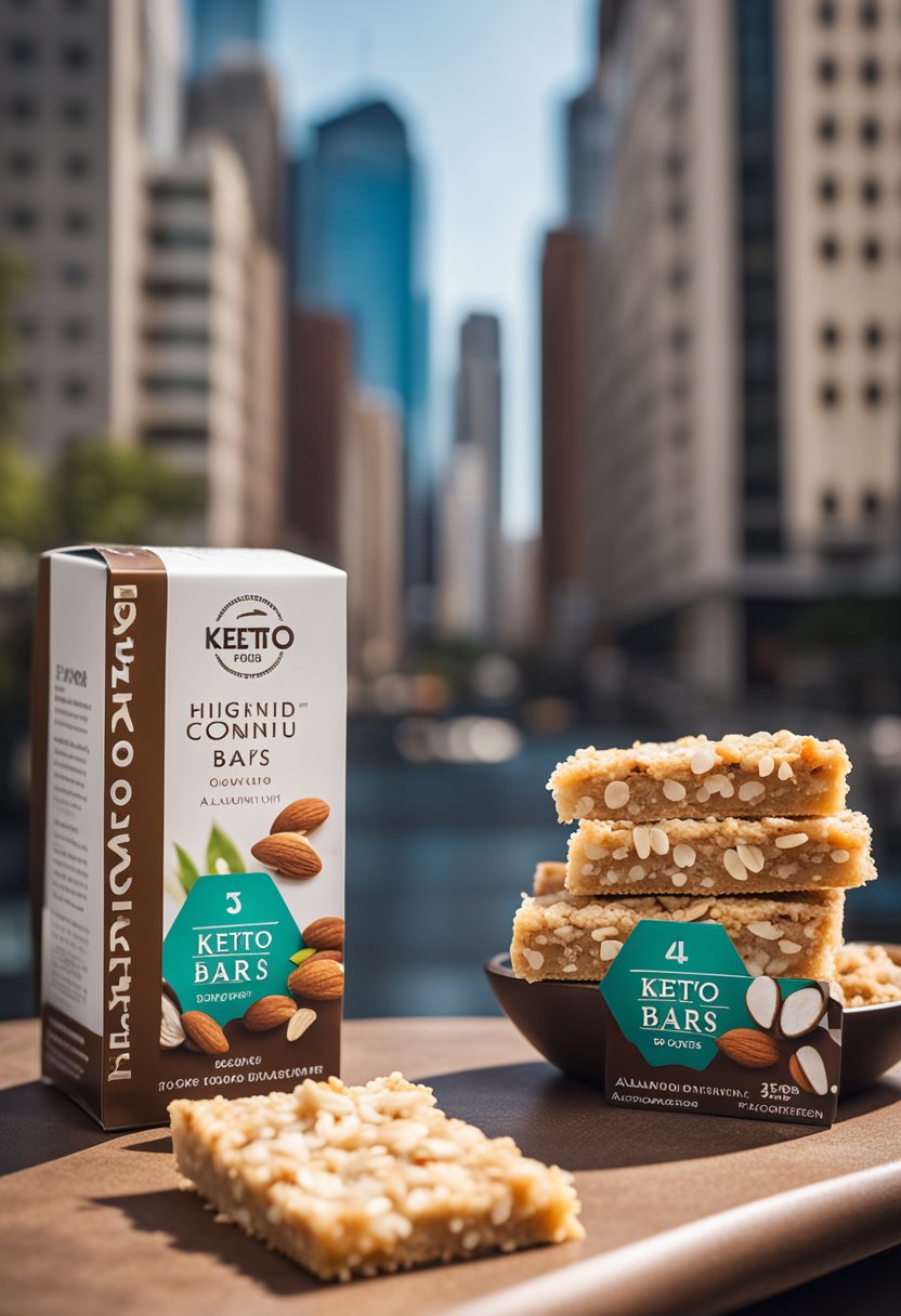 A city skyline with keto coconut almond bars in foreground