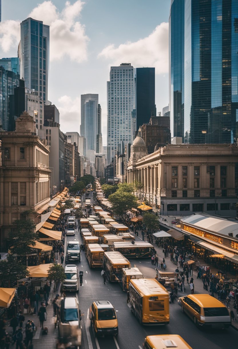 A bustling city street with tall buildings and food stalls, showcasing bacon jerky bites as a popular keto-friendly snack option