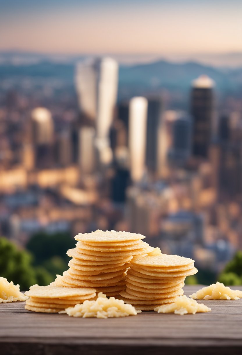 A city skyline with Parmesan crisps scattered in the foreground