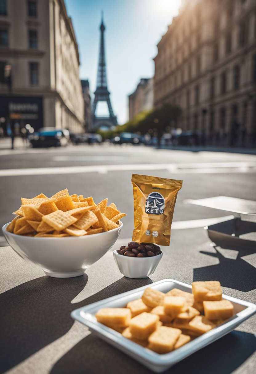 A cityscape with keto snack packets scattered in front of iconic landmarks