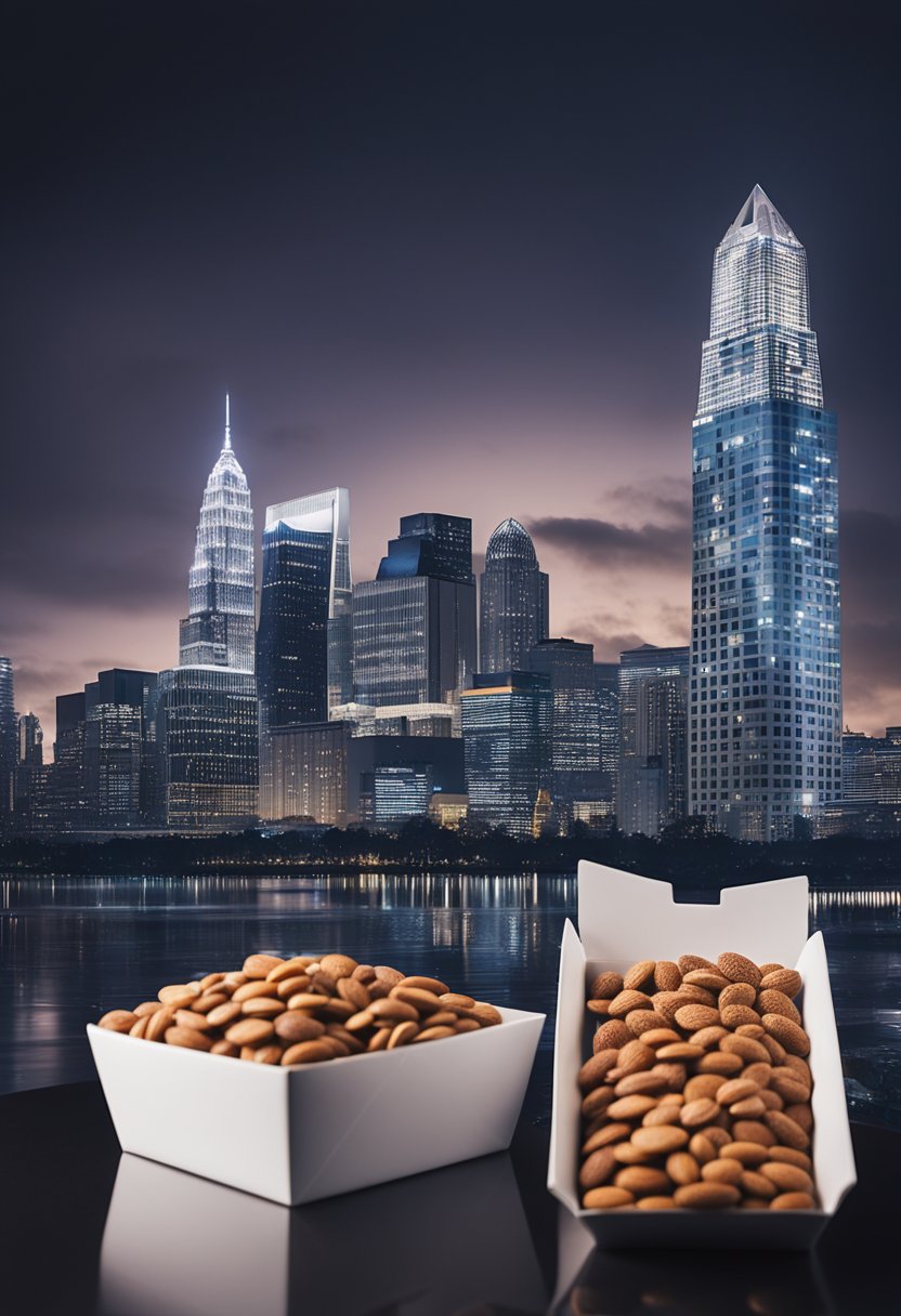 A city skyline with a keto snack box and dark chocolate almonds