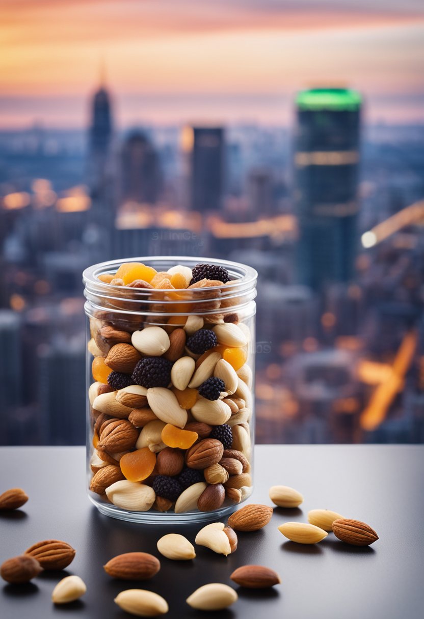 A colorful assortment of nuts, seeds, and dried fruits arranged in a clear container with a city skyline in the background